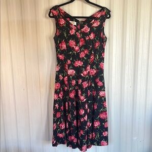 TALBOTS V-neck 100% COTTON Black Rose Floral Flared RETRO‎ Dress Women’s 8